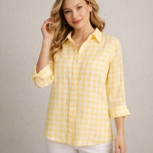Talbots Irish Linen Blend Yellow Gingham Plaid Button Shirt Women's M Petite